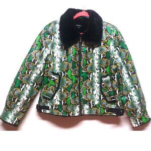 NEW MOD-X Bomber Jacket SNAKE REPTILE PRINT Womens XL Green black FAUX FUR LINED
